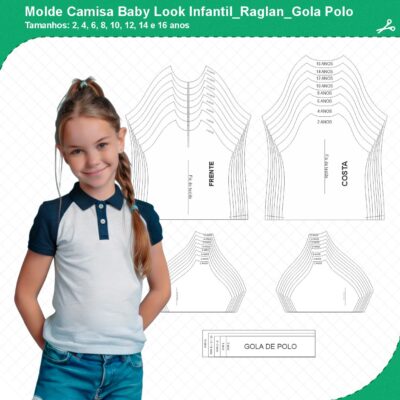 Molde Camisa Baby Look Infantil_Raglan_Manga Curta_Gola Polo_mod01