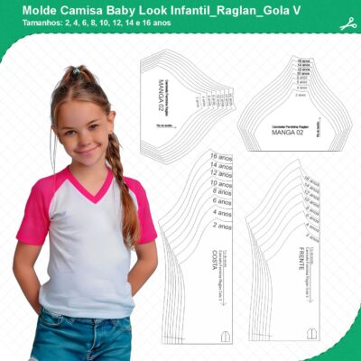 Molde Camisa Baby Look Infantil_Raglan_Manga Curta_Gola V_mod01