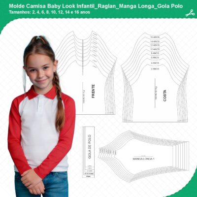 Molde Camisa Baby Look Infantil_Raglan_Manga Longa_Gola Polo_mod01