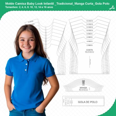 Molde Camisa Baby Look Infantil_Tradicional_Manga Curta_Gola Polo_mod01