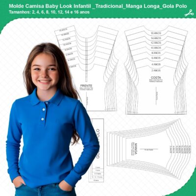 Molde Camisa Baby Look Infantil_Tradicional_Manga Longa_Gola Polo_mod01