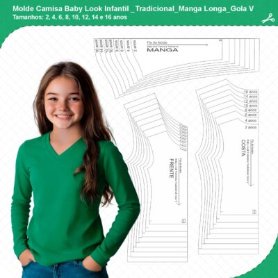 Molde Camisa Baby Look Infantil_Tradicional_Manga Longa_Gola V_mod01