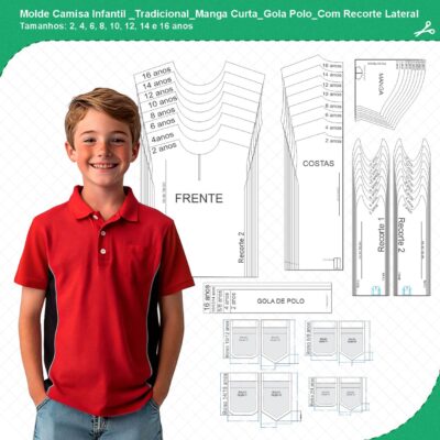 Molde Camisa Infantil_Tradicional_Manga Curta_Gola Polo_Recorte Lateral_mod01