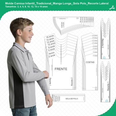 Molde Camisa Infantil_Tradicional_Manga Longa_Gola Polo_Recorte Lateral_mod01